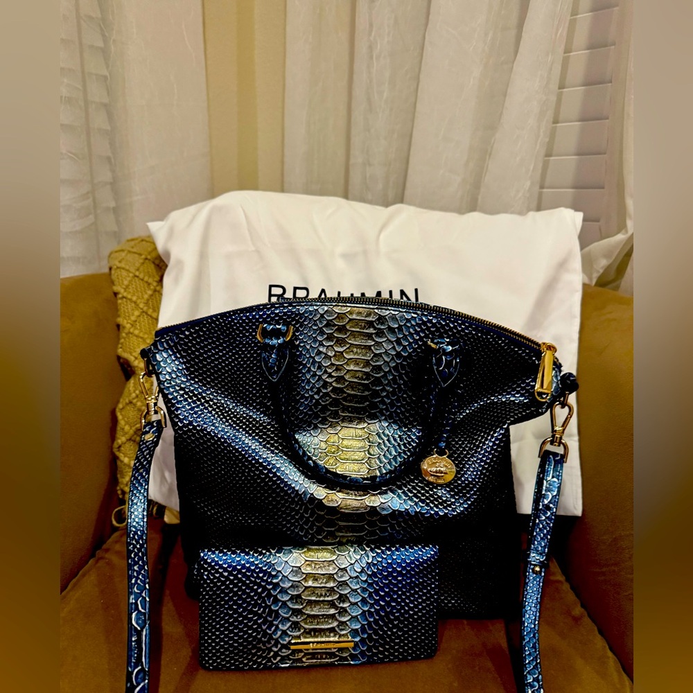 Brahmin Blue and Gold Shoulder Bag with Luxurious Texture & Matching Wallet